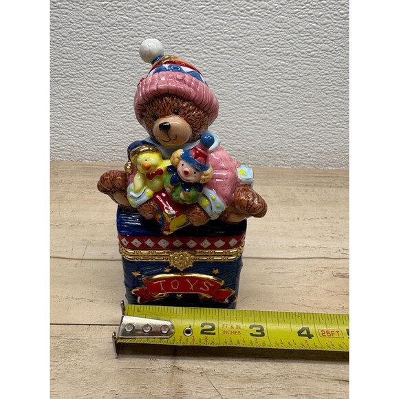 Traditions Porcelain Decorative Trinket Box Hand Painted Teddy Bear With Toys - Picture 10 of 16